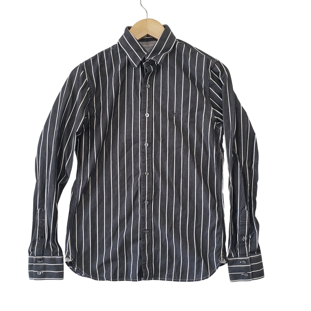 American Eagle Outfitters Mens XS Vintage‎ Fit Black White Striped Button Down
